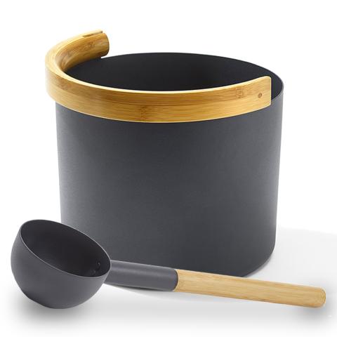 Kolo Sauna Set 2 - 1Gal Sauna Bucket with Curved Handle and Ladle - Bamboo/Aluminum - Black