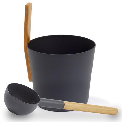Kolo Sauna Set 3 - 1Gal Sauna Bucket with Straight Handle and Ladle - Bamboo/Aluminum - Black