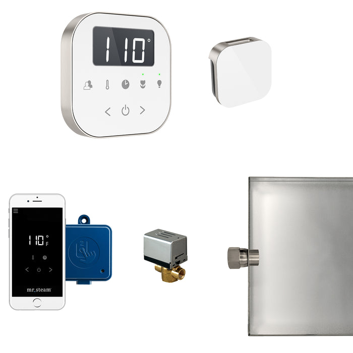 AirButler Steam Shower Control Package with AirTempo Control and Aroma Glass SteamHead in White Brushed Nickel