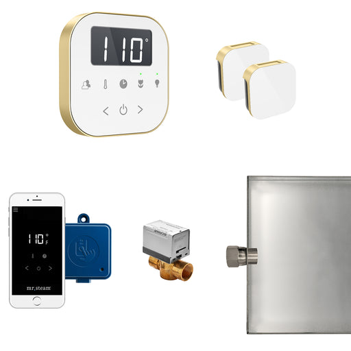 AirButler Max Steam Shower Control Package with AirTempo Control and Aroma Glass SteamHead in White Satin Brass