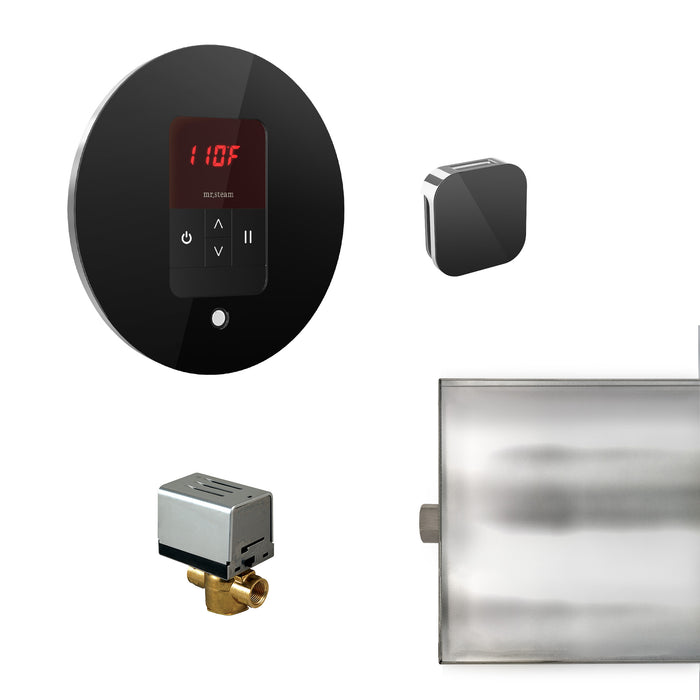 Basic Butler Steam Shower Control Package with iTempo Control and Aroma Designer SteamHead in Round Glass Black