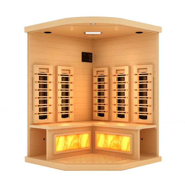 Golden Designs Canadian Hemlock 3 Person Corner Full Spectrum PureTech Near Zero EMF FAR Infrared Sauna with Himalayan Salt Bar