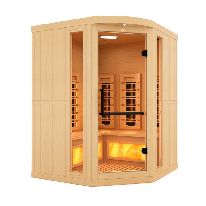 Golden Designs Canadian Hemlock 3 Person Corner Full Spectrum PureTech Near Zero EMF FAR Infrared Sauna with Himalayan Salt Bar