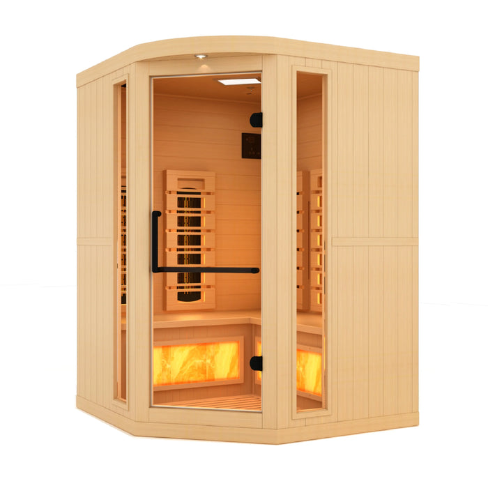 Golden Designs Canadian Hemlock 3 Person Corner Full Spectrum PureTech Near Zero EMF FAR Infrared Sauna with Himalayan Salt Bar