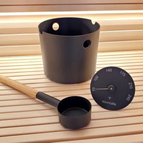 SaunaLife Accessory Package 6 (Aluminum 1-Gallon Sauna Bucket, Wood Ladle and Thermometer) - Black