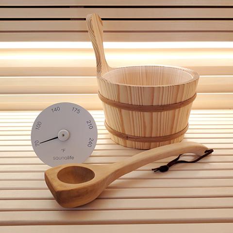 SaunaLife Accessory Package 4 (Wooden 1-Gallon Sauna Bucket, Wood Ladle and White Thermometer)