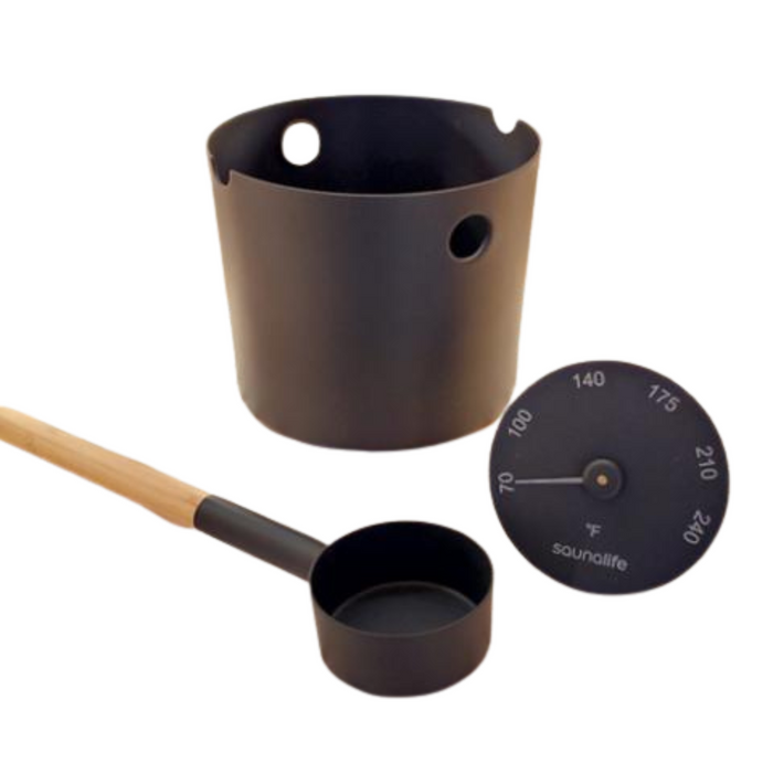 SaunaLife Accessory Package 6 (Aluminum 1-Gallon Sauna Bucket, Wood Ladle and Thermometer) - Black