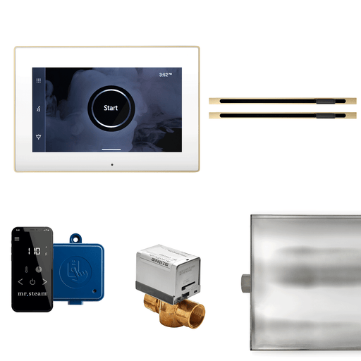 XButler Max Linear Steam Shower Control Package with iSteamX Control and Linear SteamHead in White Polished Brass