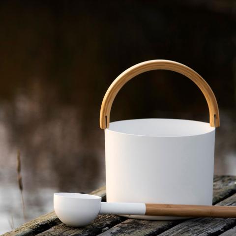 Kolo Sauna Set 2 - 1Gal Sauna Bucket with Curved Handle and Ladle - Bamboo/Aluminum - White